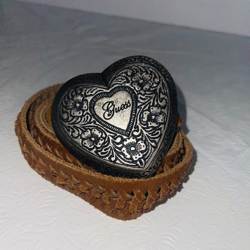 Vintage Guess Women's Woven Leather Belt with Embossed Floral Heart Buckle